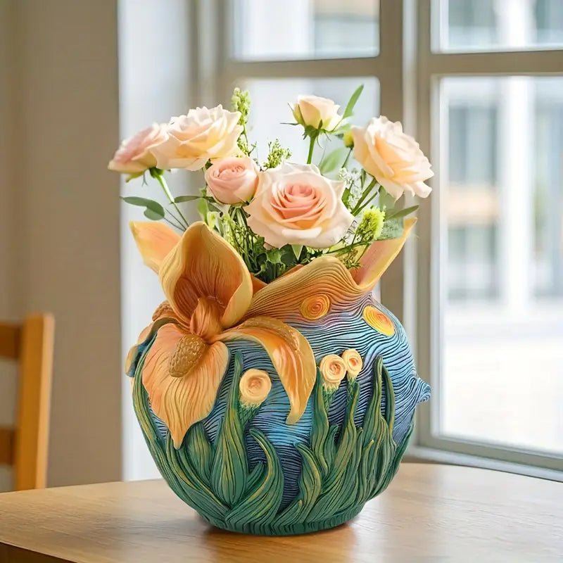 Decorative Round Flower Vase with Artwork Design - Vase - Orange - Oaksoho