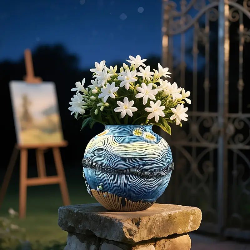 Decorative Round Flower Vase with Artwork Design - Vase - Blue - Oaksoho