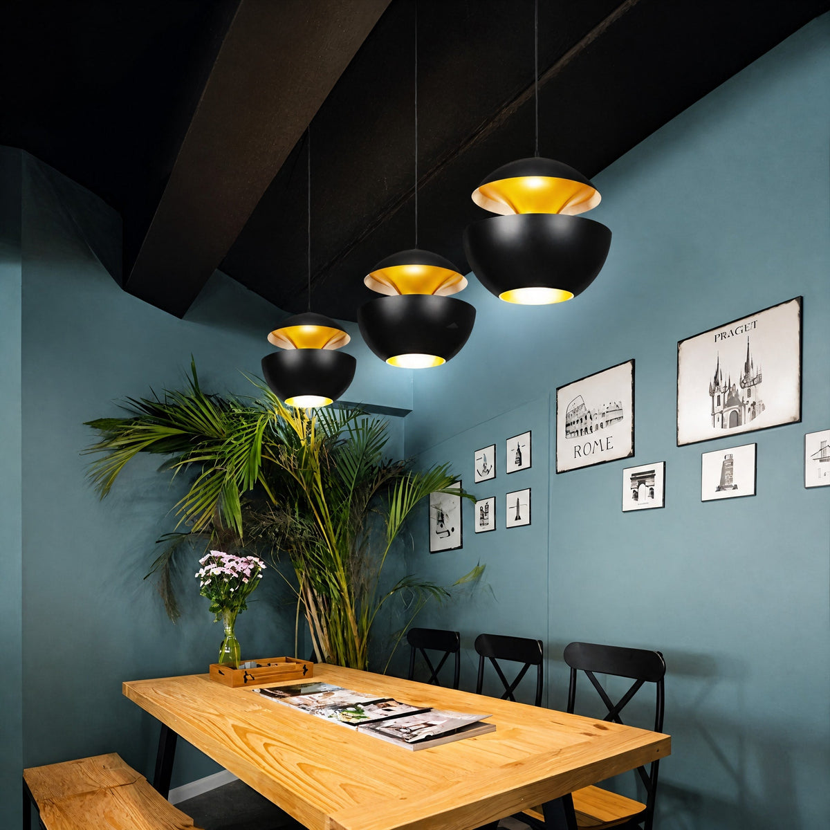 Dome Pendant Light with Trumpet Flower Shade Design - Pendant Light Fixtures - Black - Oaksoho