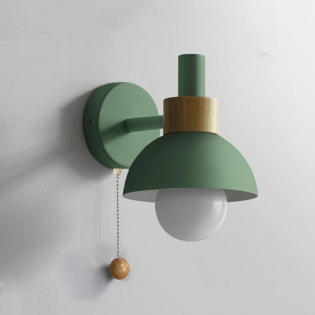 Dome-Shaped Wall Lamp with Wooden Pull Chain Accent - Wall Light Fixtures - Green - Oaksoho