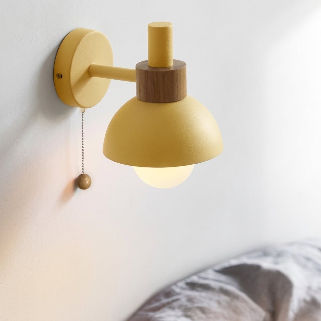 Dome-Shaped Wall Lamp with Wooden Pull Chain Accent - Wall Light Fixtures - Pink - Oaksoho