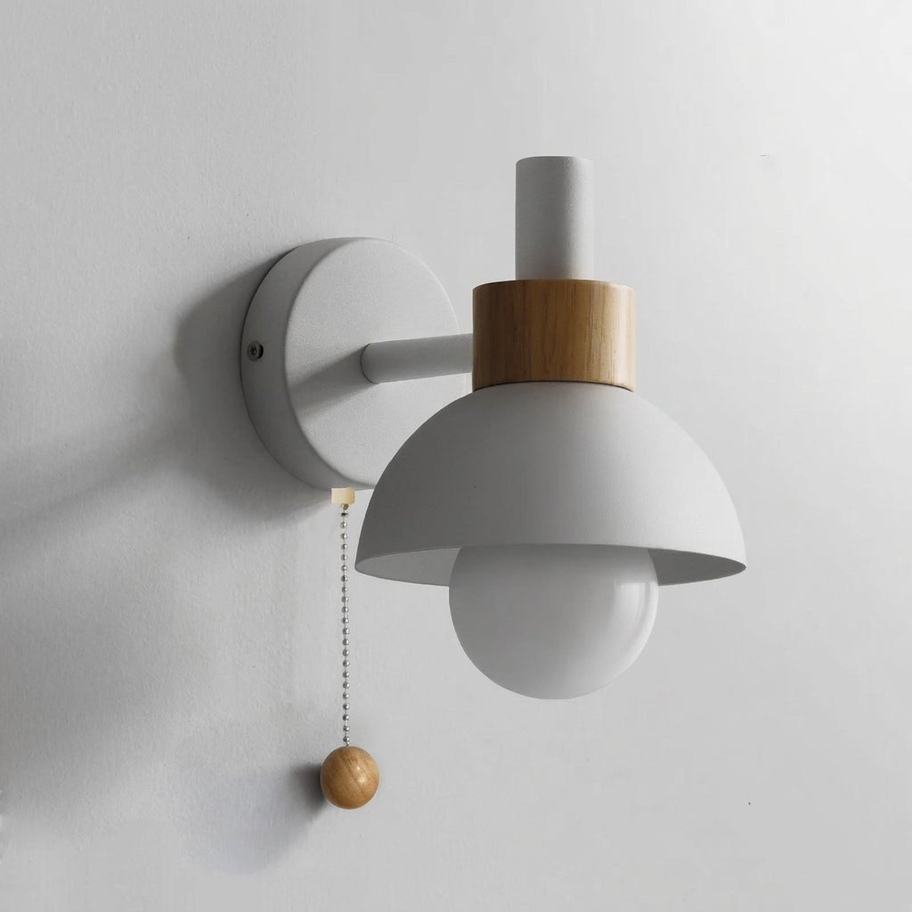 Dome-Shaped Wall Lamp with Wooden Pull Chain Accent - Wall Light Fixtures - White - Oaksoho