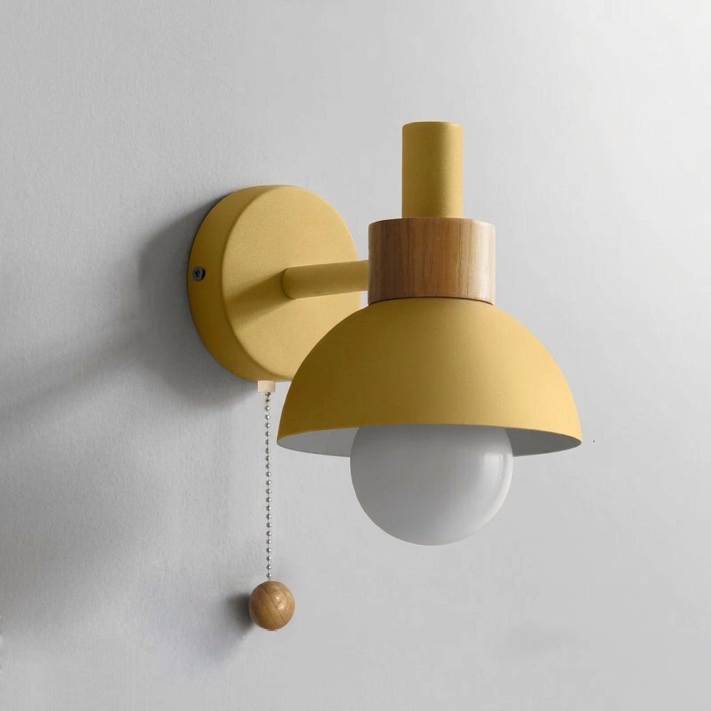 Dome-Shaped Wall Lamp with Wooden Pull Chain Accent - Wall Light Fixtures - Yellow - Oaksoho