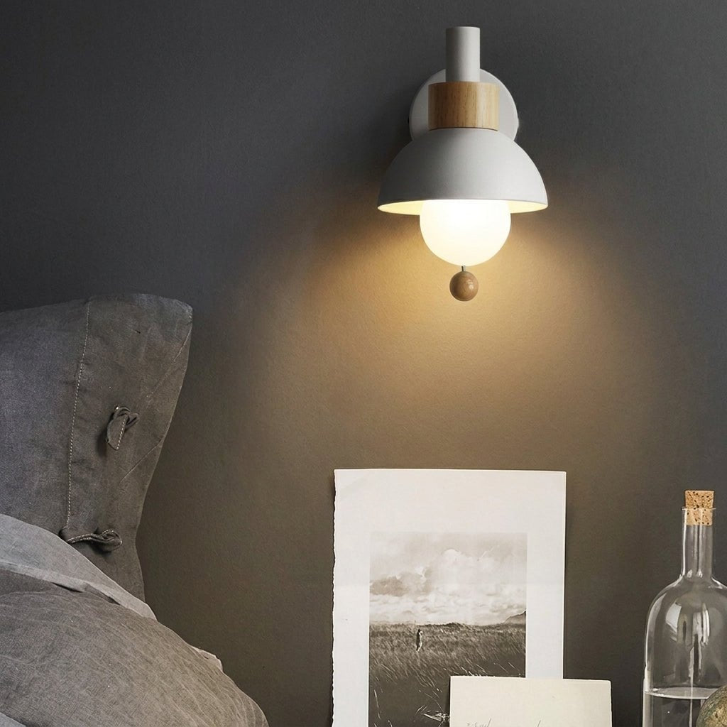 Dome-Shaped Wall Lamp with Wooden Pull Chain Accent - Wall Light Fixtures - White - Oaksoho