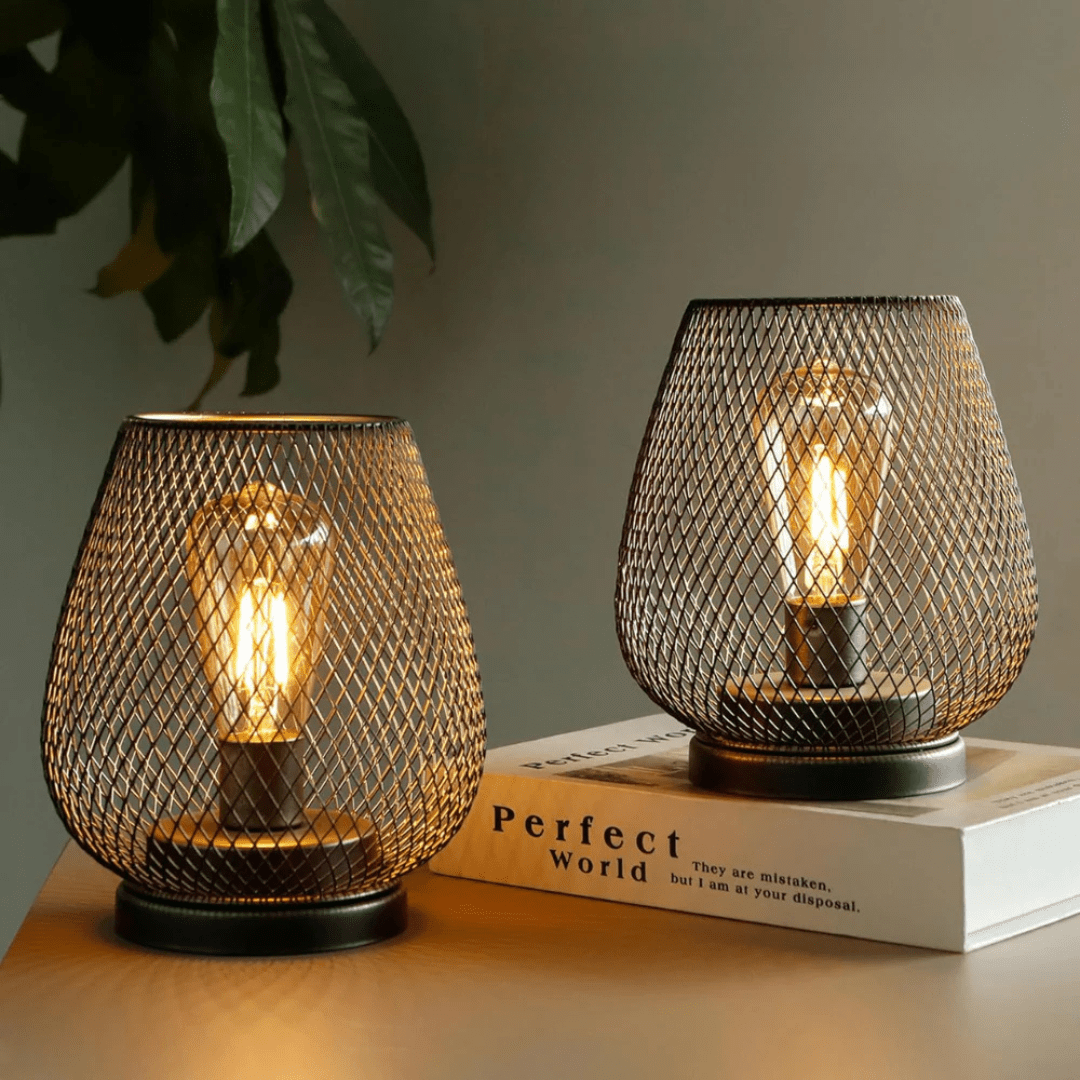 Drop - shaped Wireless Lampshade with Metal Grid Design - Table Lamps - Black - Oaksoho