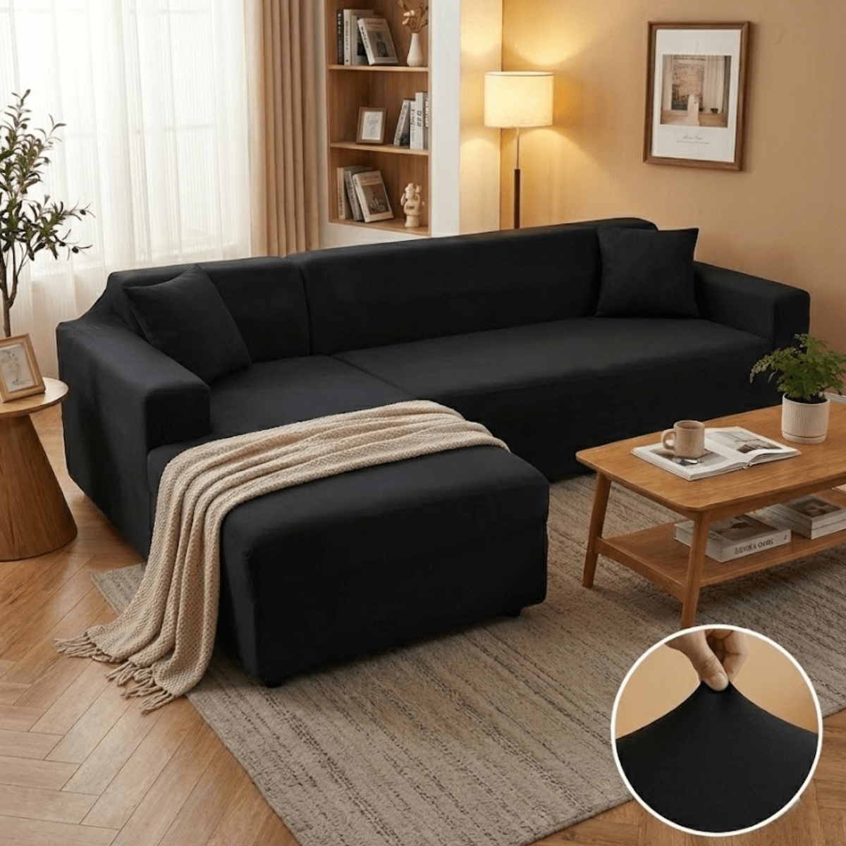 Elastic Sofa Cover for L - Shape Sofas - Living Room - Black - Oaksoho