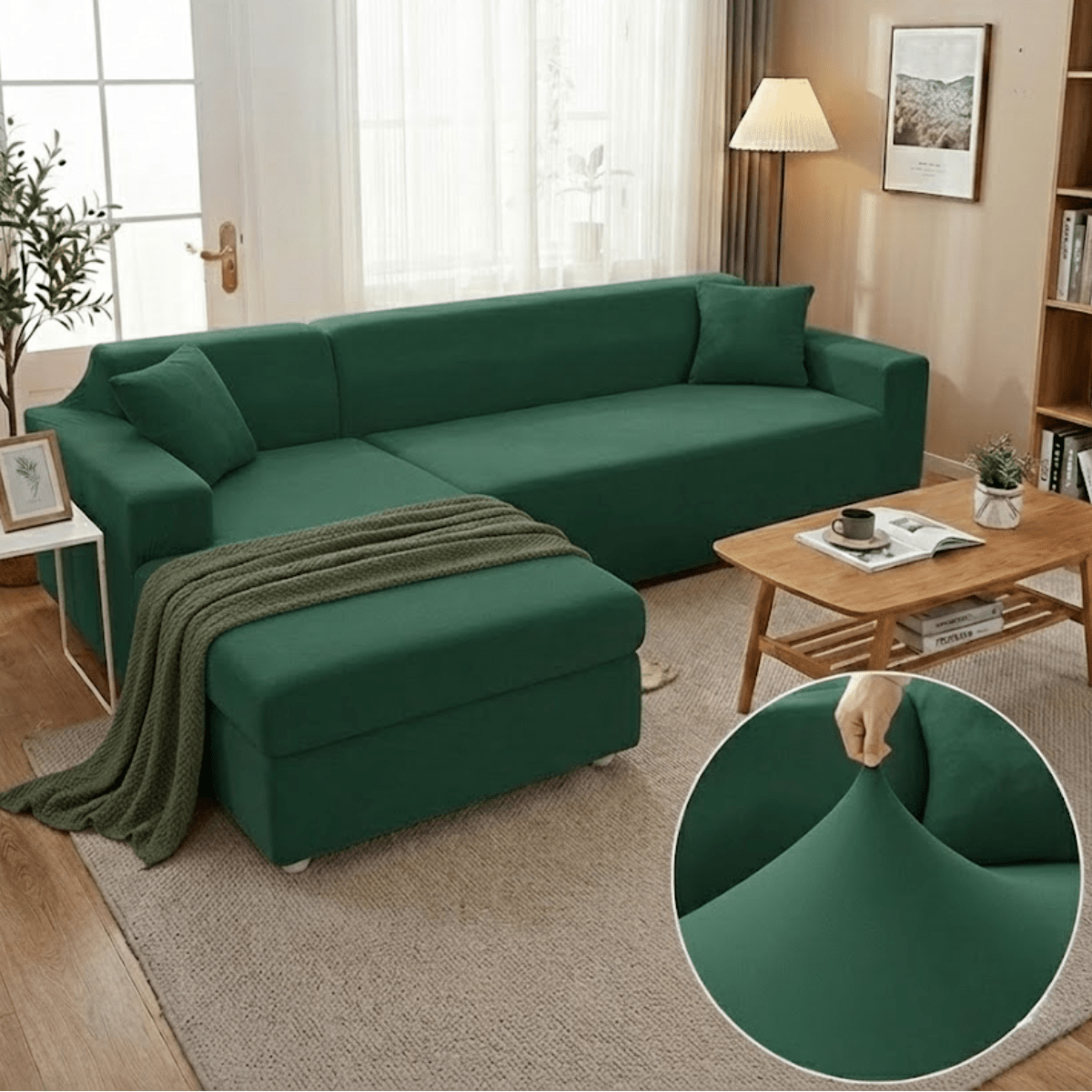 Elastic Sofa Cover for L - Shape Sofas - Living Room - Green - Oaksoho