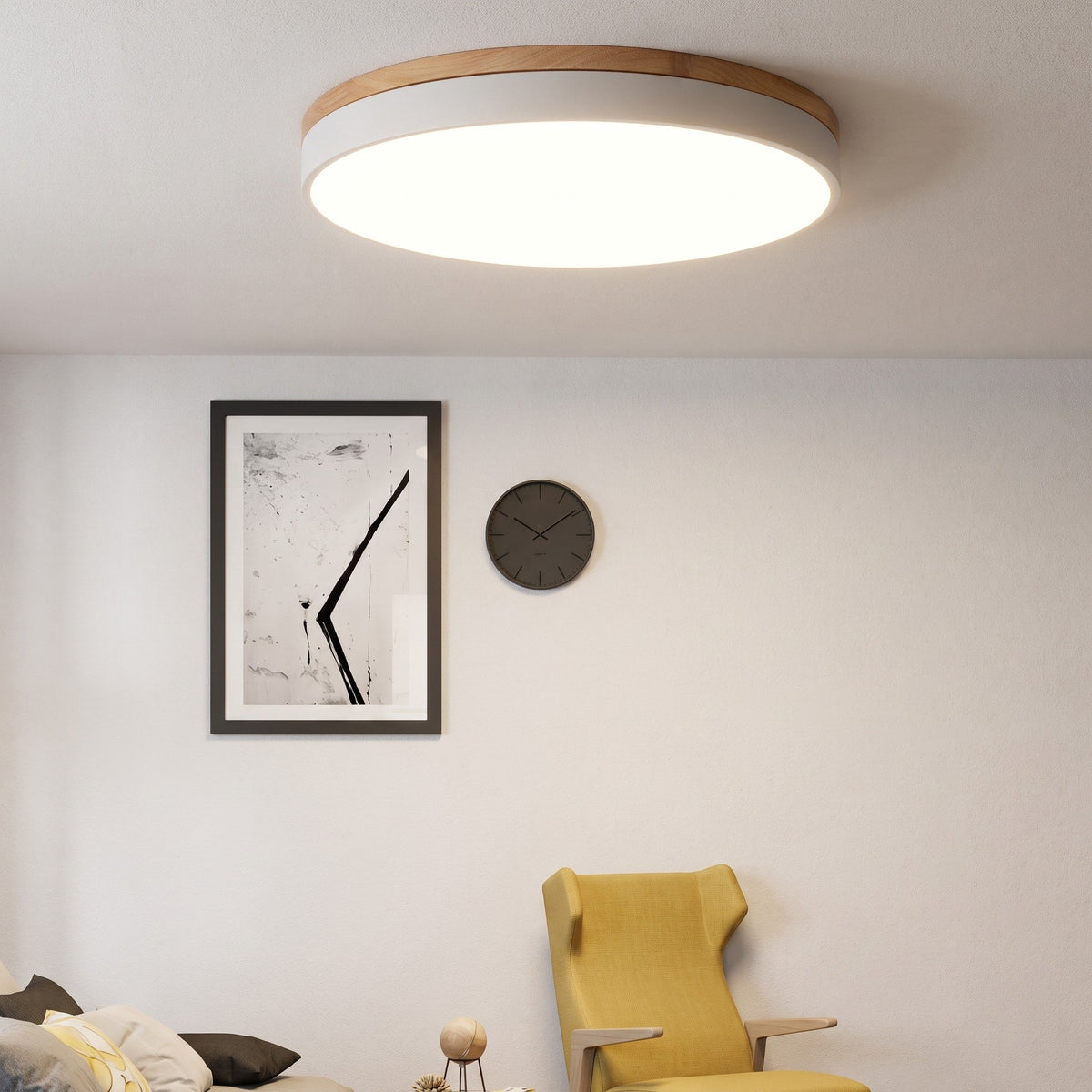 Flush Mount Nordic Round Wood Trim LED Ceiling Light - Ceiling Light Fixtures - White - Oaksoho