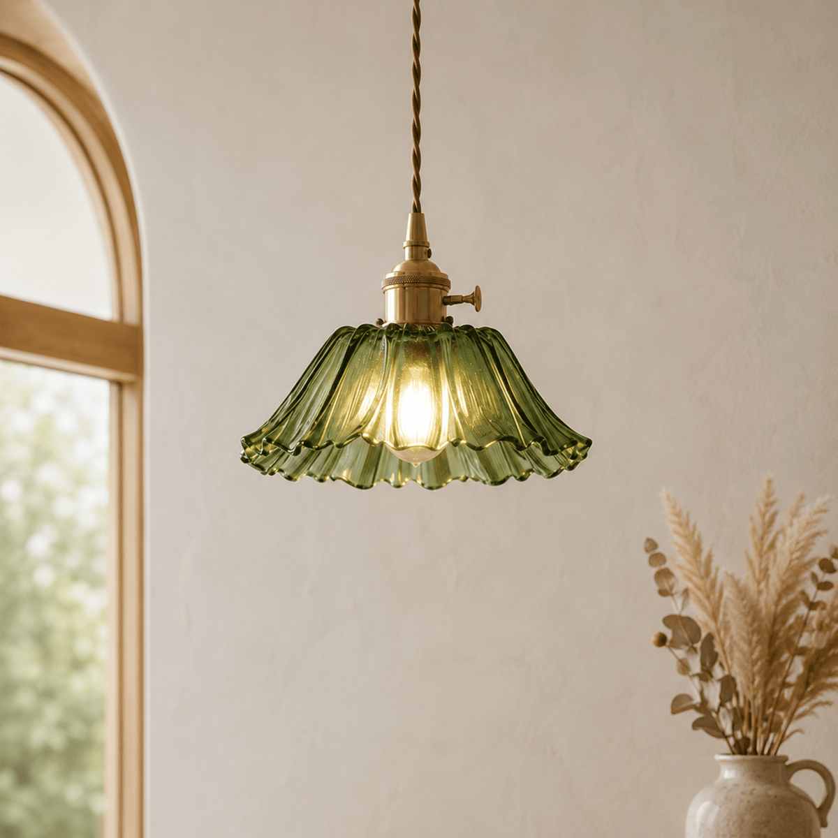 Fluted Glass Pendant Light with Scalloped Flower Shade - Pendant Light Fixtures - Green - Oak Soho