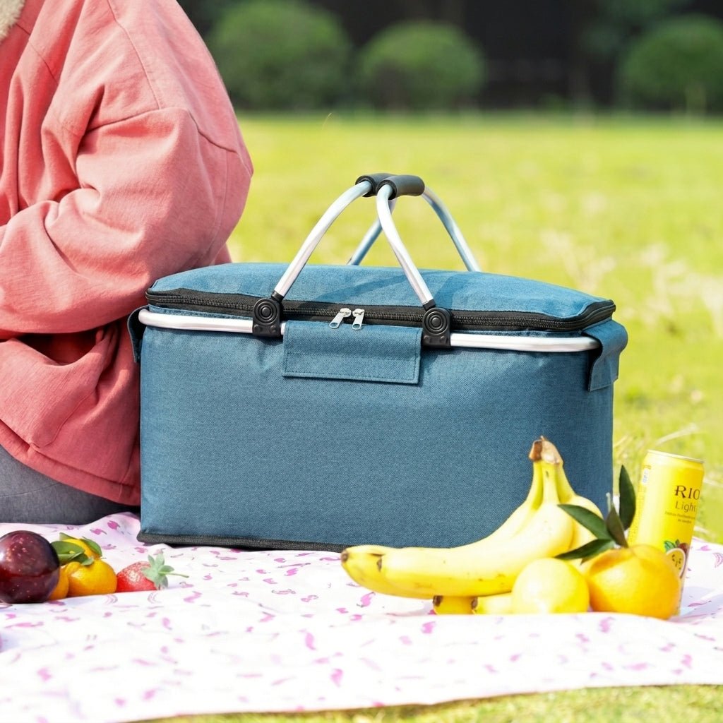 Foldable Cooler Basket with Lid and Carry Handles for Picnics - Foldable Cooler Basket - Blue - Oaksoho
