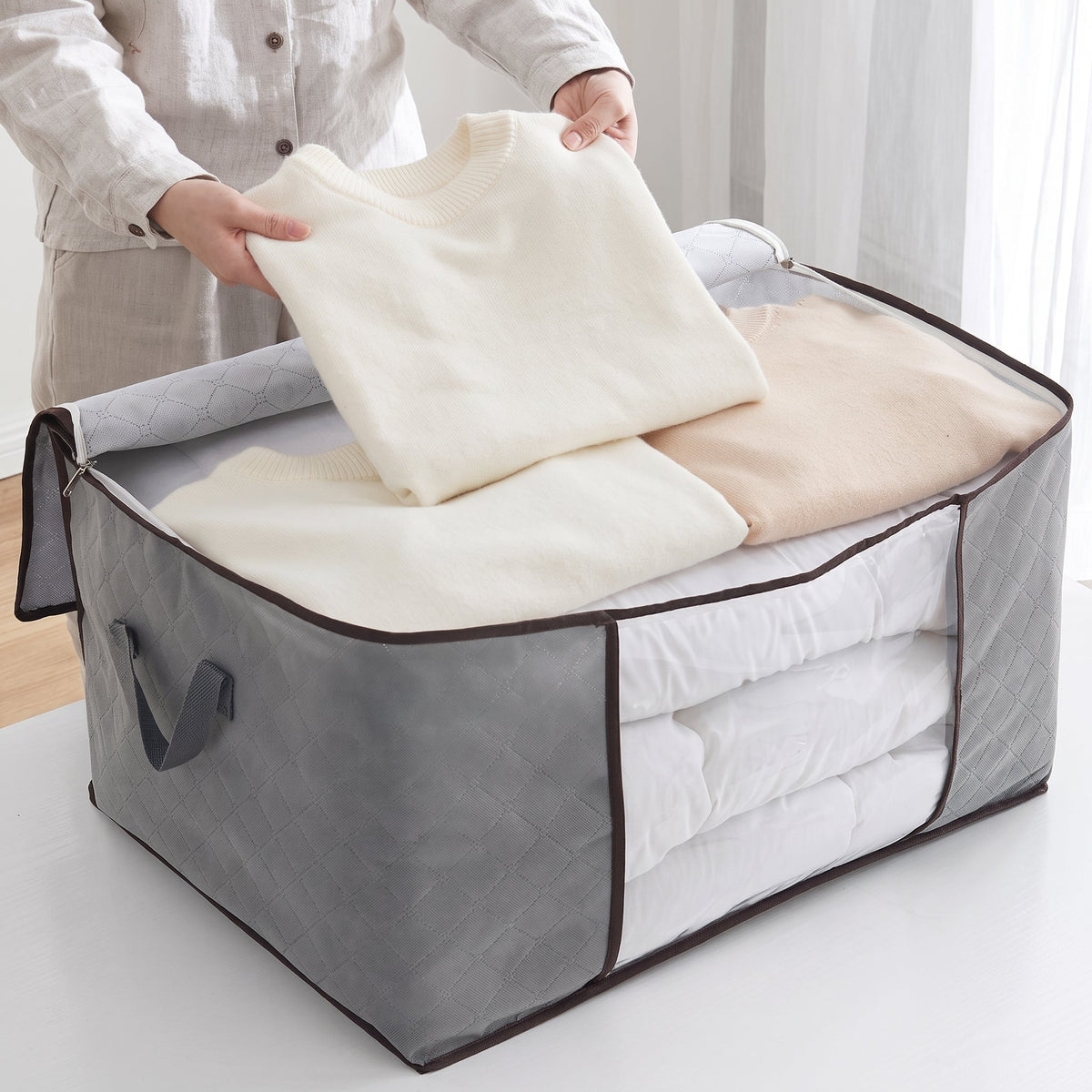 Foldable Storage Bag with Clear Window and Carry Handles - Household Storage Bags - 3 boxes - Oak Soho