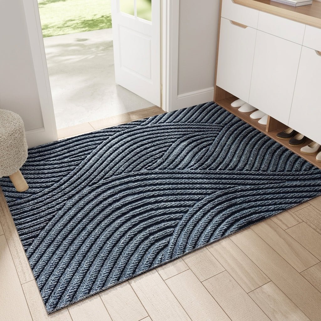 Geometric Striped Structured Entrance Mat - Entrance Mat - Blue - Oaksoho