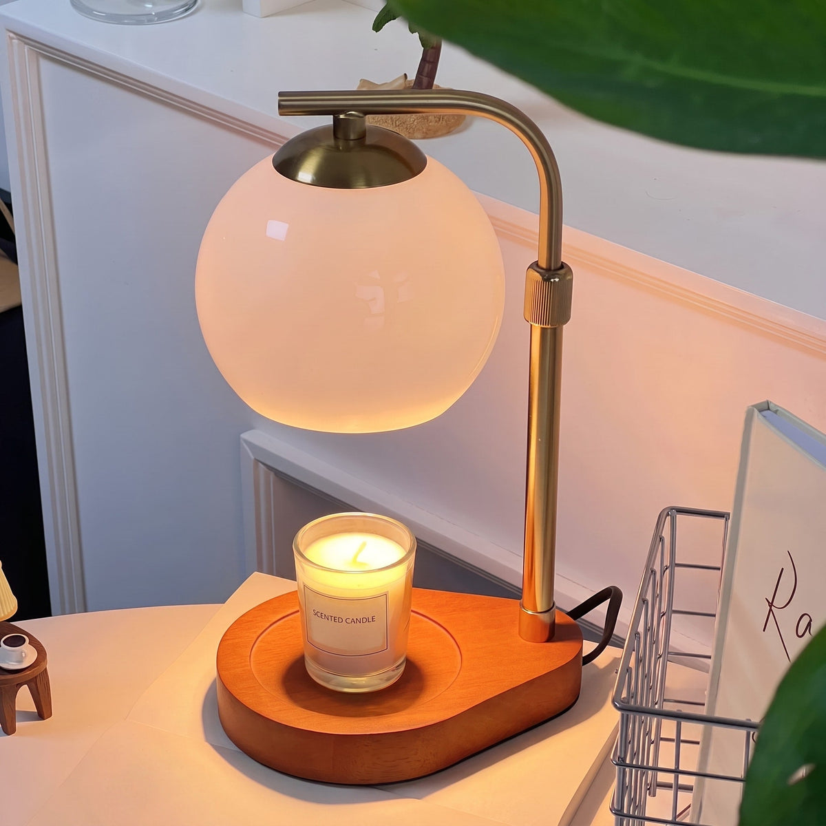 Glass Globe Candle Warmer Lamp with Wooden Base - Candle & Oil Warmers - Beige - Oaksoho
