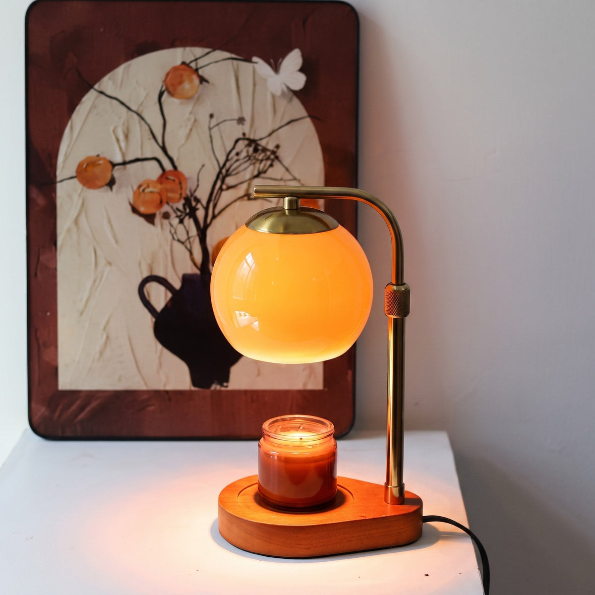 Glass Globe Candle Warmer Lamp with Wooden Base - Candle & Oil Warmers - Orange - Oaksoho