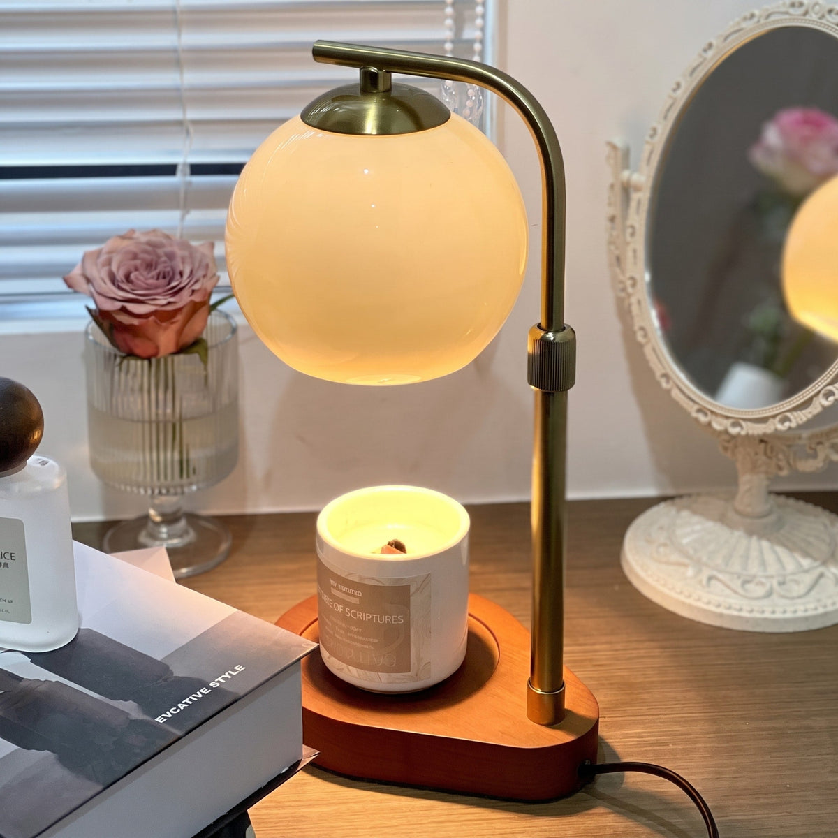 Glass Globe Candle Warmer Lamp with Wooden Base - Candle & Oil Warmers - Beige - Oaksoho