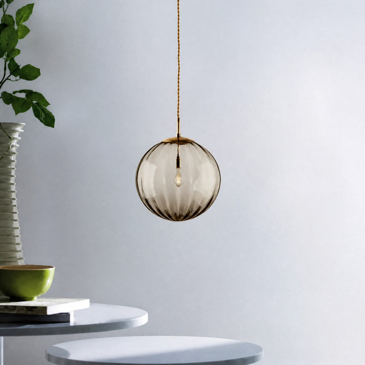 Glass Globe Pendant Light with Ribbed Textured Shade - Pendant Light Fixtures - Grey - Oaksoho
