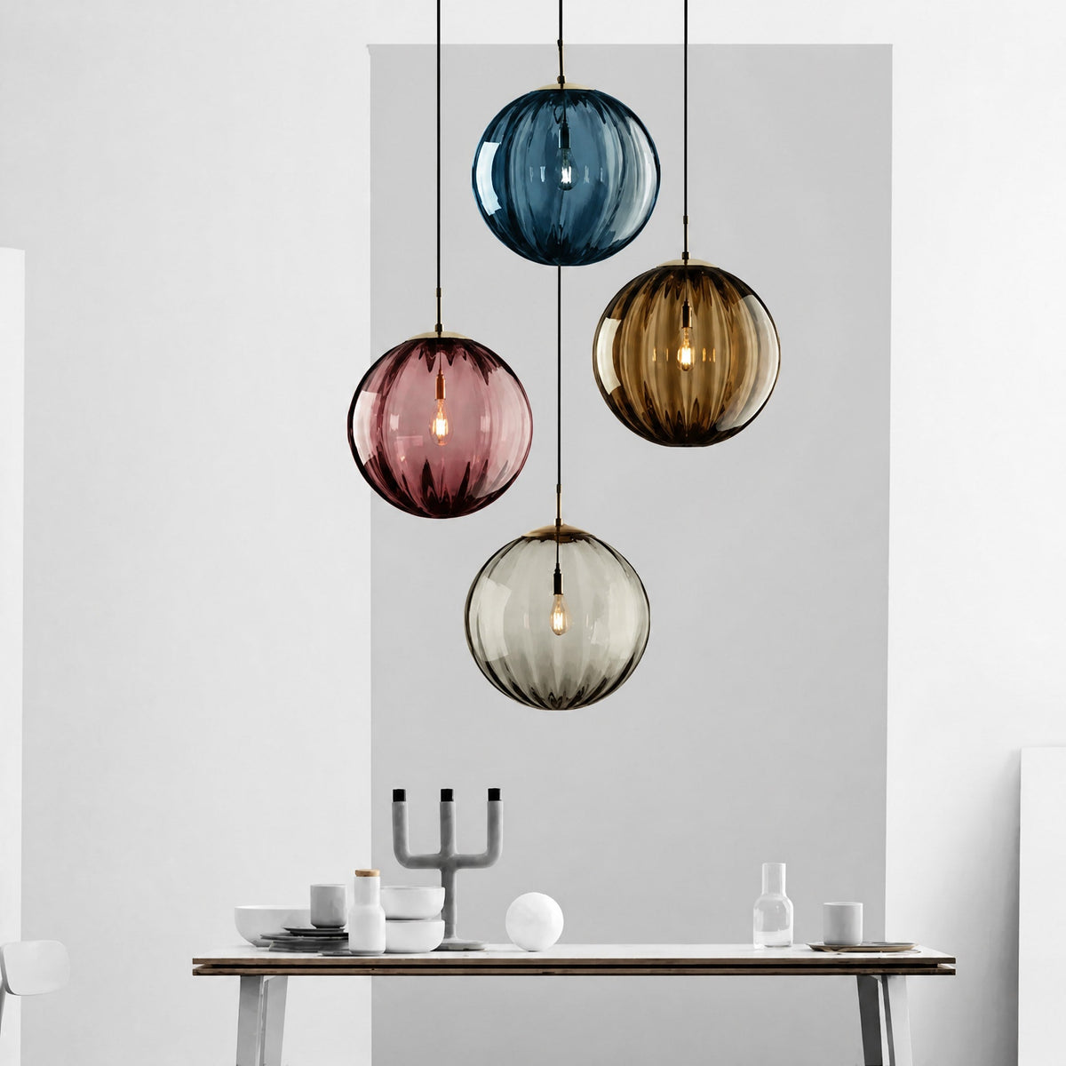 Glass Globe Pendant Light with Ribbed Textured Shade - Pendant Light Fixtures - Brown - Oaksoho