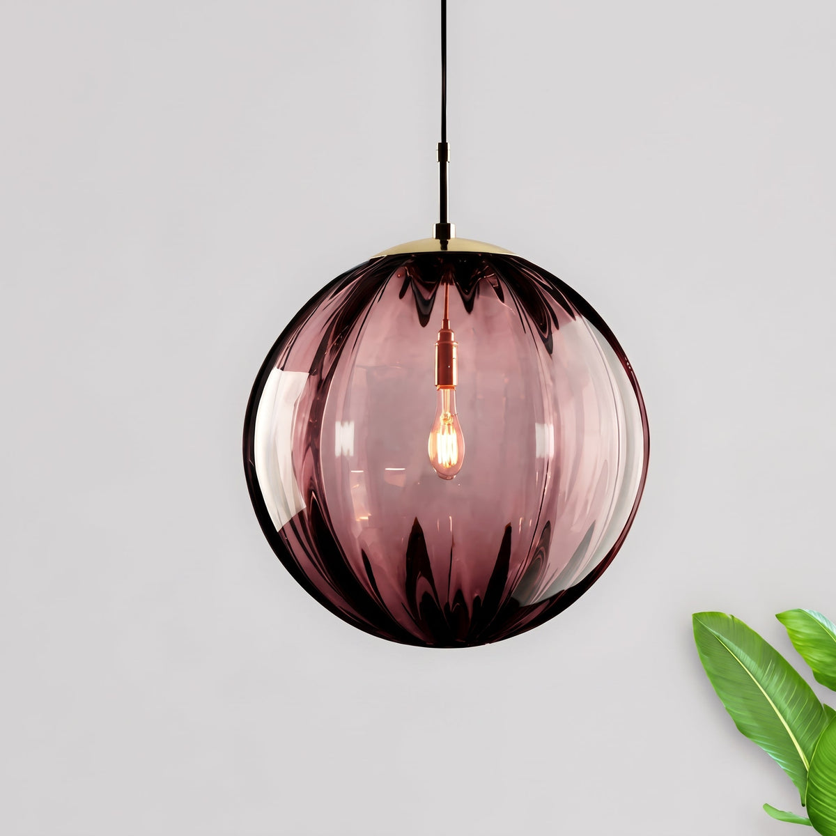 Glass Globe Pendant Light with Ribbed Textured Shade - Pendant Light Fixtures - Red - Oaksoho
