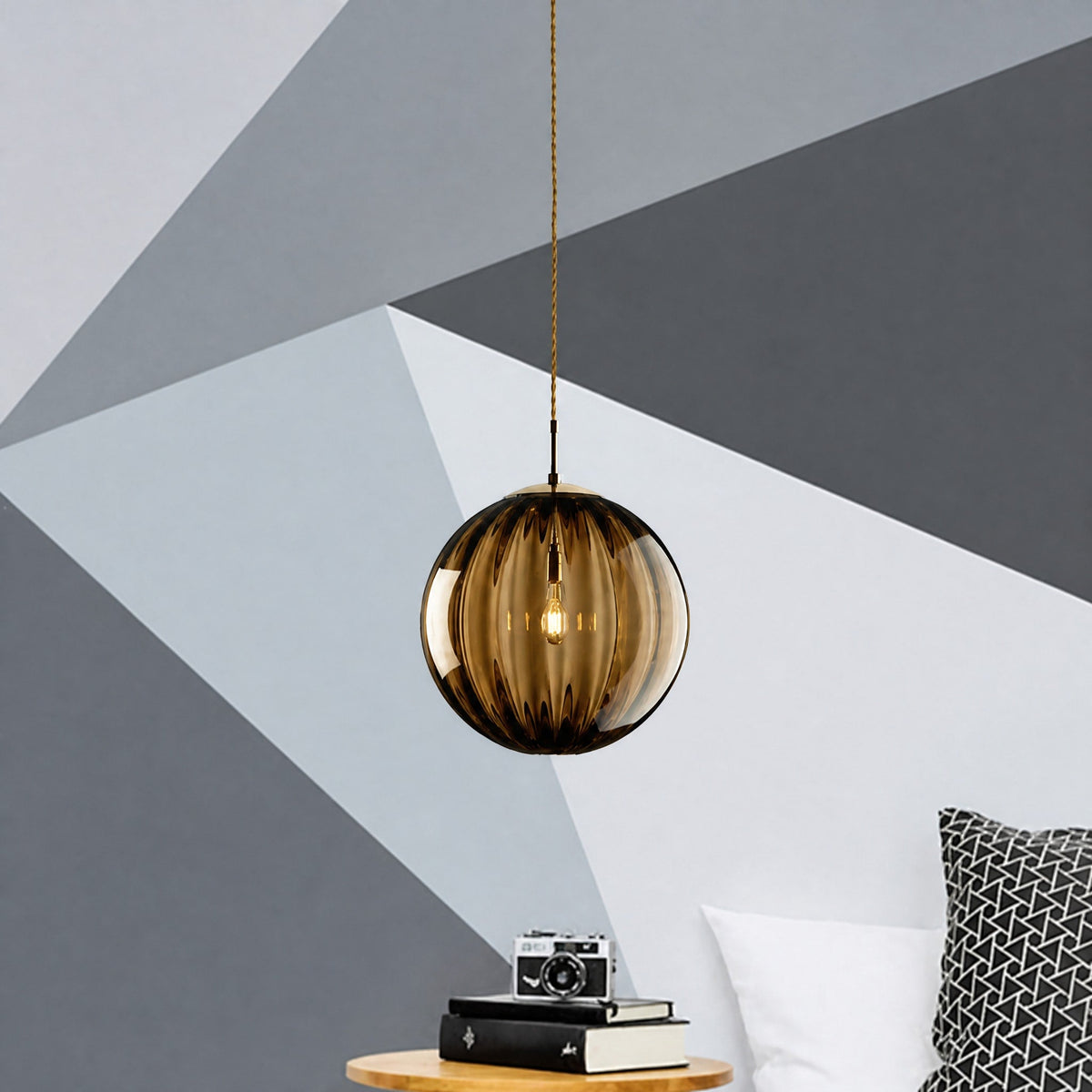 Glass Globe Pendant Light with Ribbed Textured Shade - Pendant Light Fixtures - Brown - Oaksoho