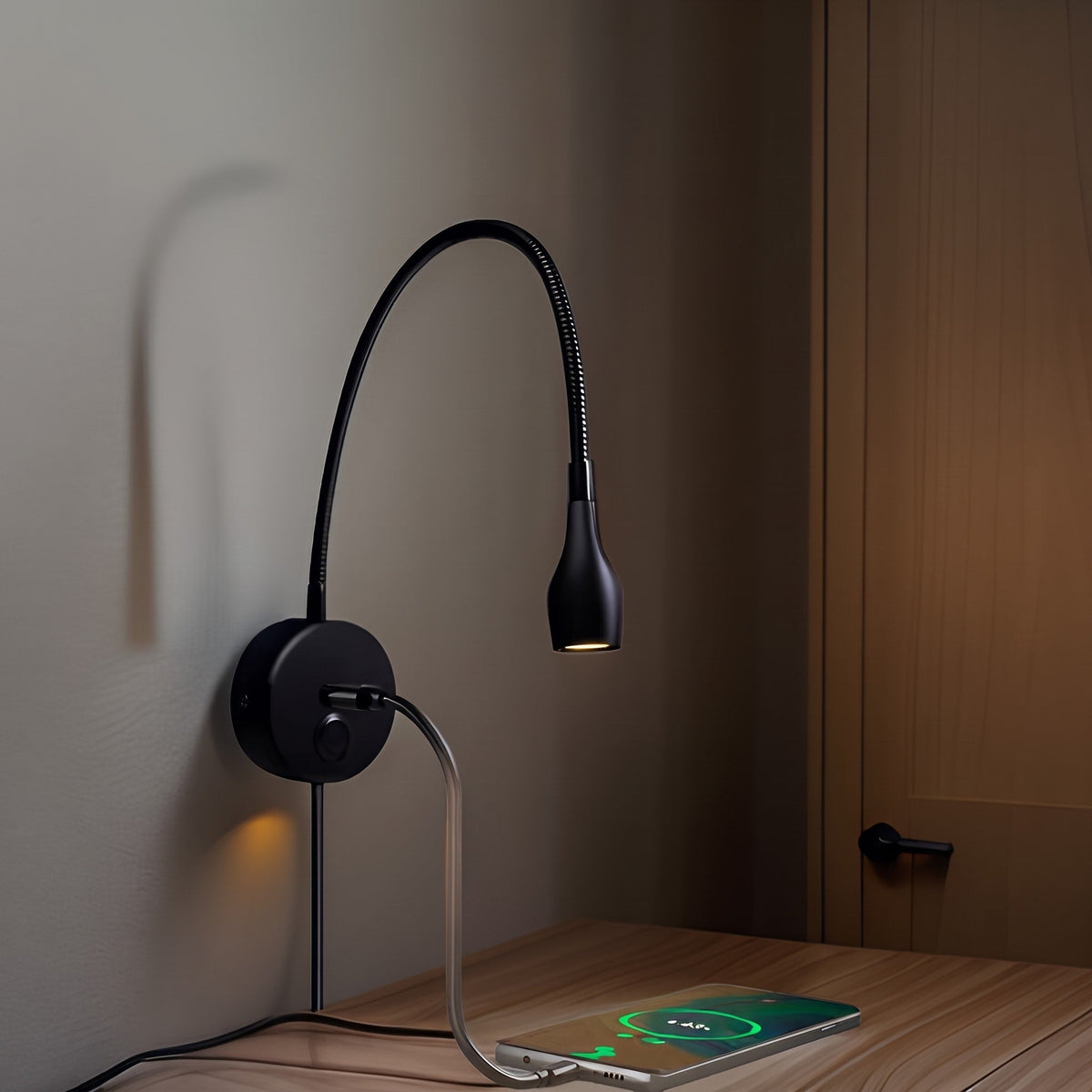 Gooseneck LED Wall Light with USB Charging Port - Wall Light Fixtures - Warm Light - Oak Soho