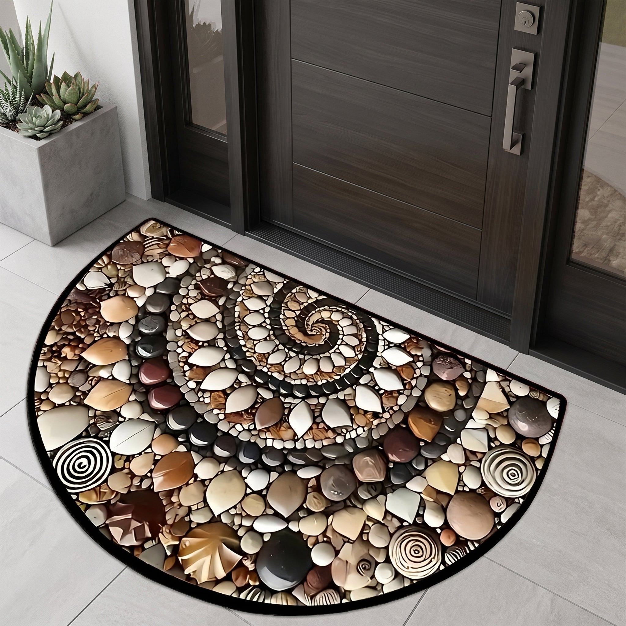Half - Round Door Mat with Spiral Pebble Stone Pattern - Door Mat - 60 x 90 cm - Oaksoho