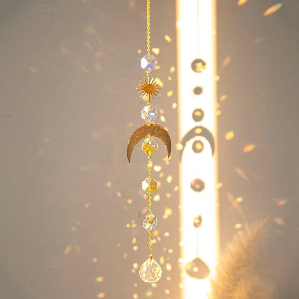 Hanging Crystal Suncatcher Moon and Stars Design - Hanging Suncatcher - Moonlight - Oaksoho