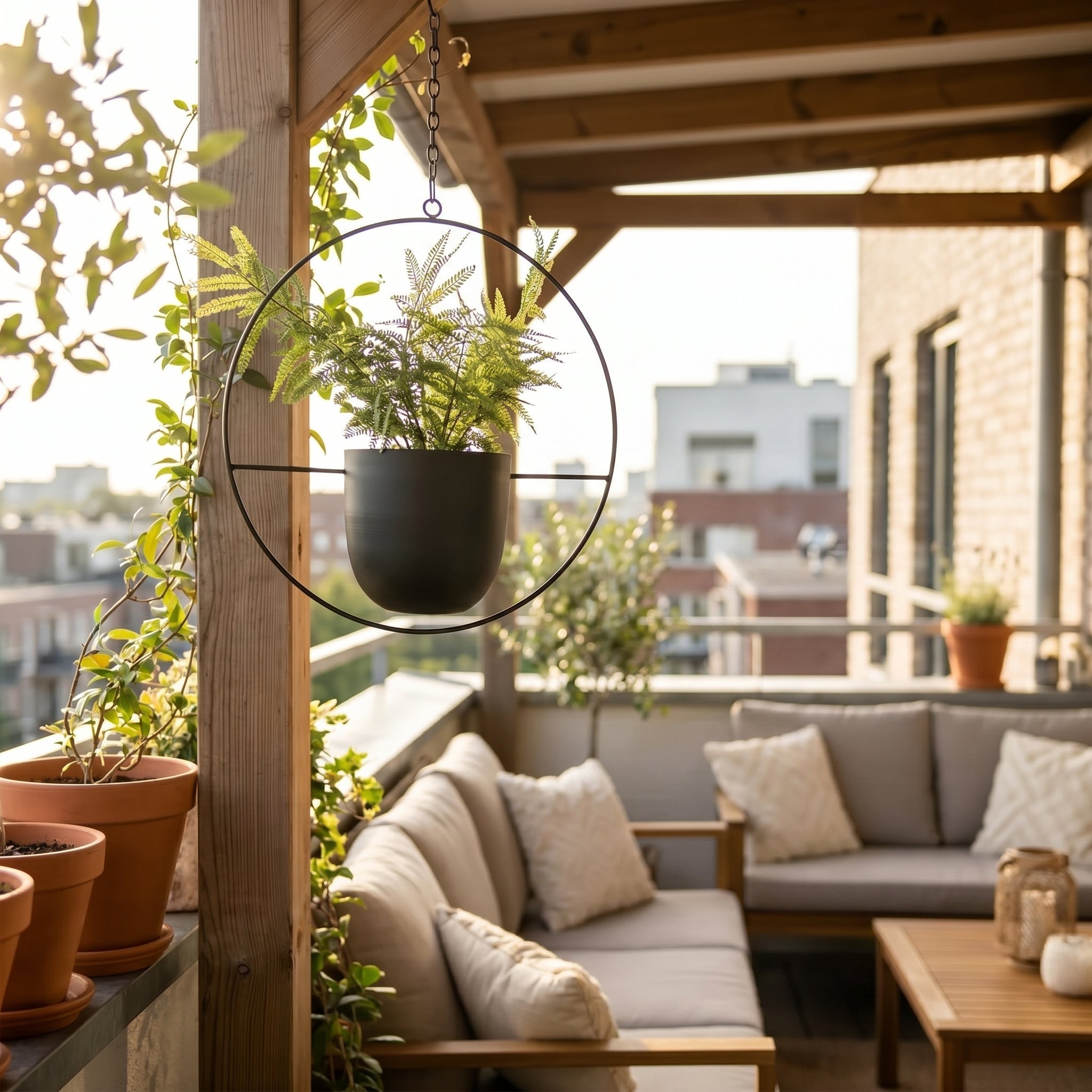 Hanging Plant Pot with Metal Frame - Plant Pot - Black - Oaksoho