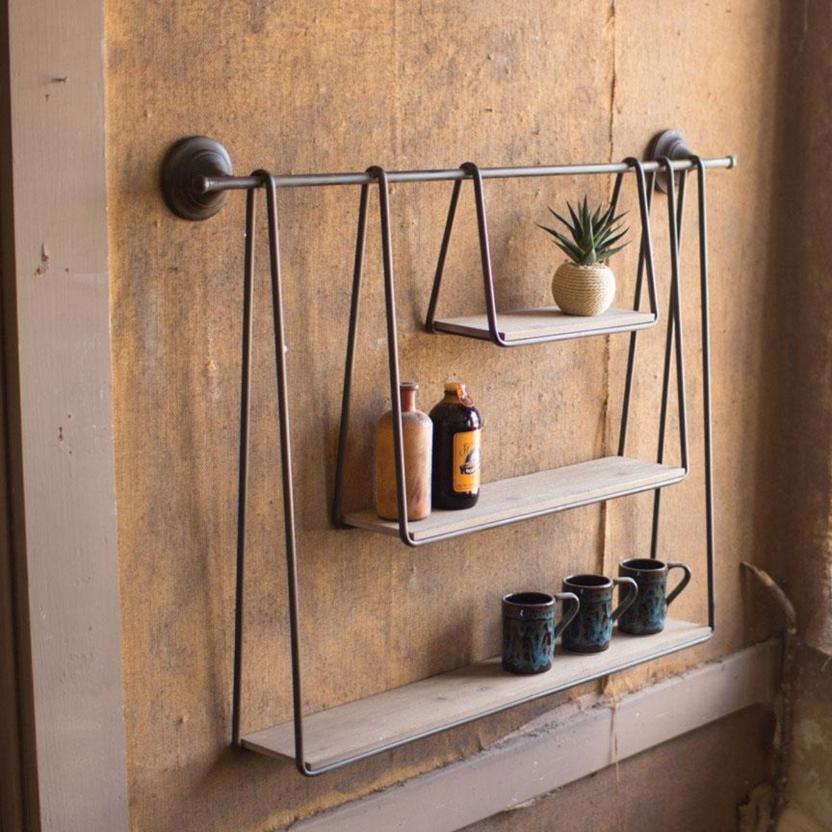 Hanging Wall Shelf Metal 3 Tier Wood Pipe Mounted Vintage Style - Rack Wall Shelves & Ledges - Oak Soho