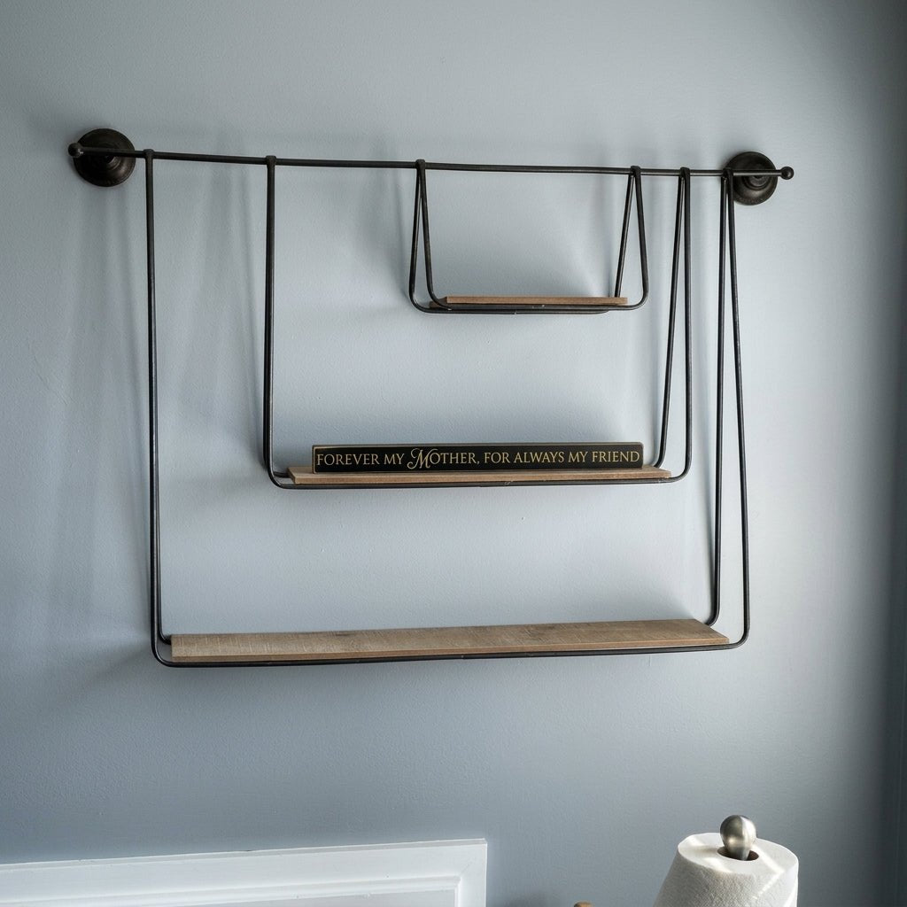 Hanging Wall Shelf Metal 3 Tier Wood Pipe Mounted Vintage Style - Rack Wall Shelves & Ledges - Oak Soho