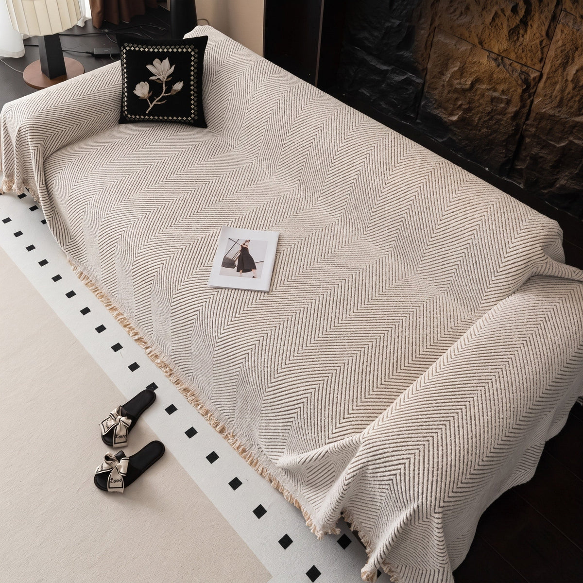Herringbone Sofa Throw Cover for Living Room Furniture - Ivory - Oak Soho