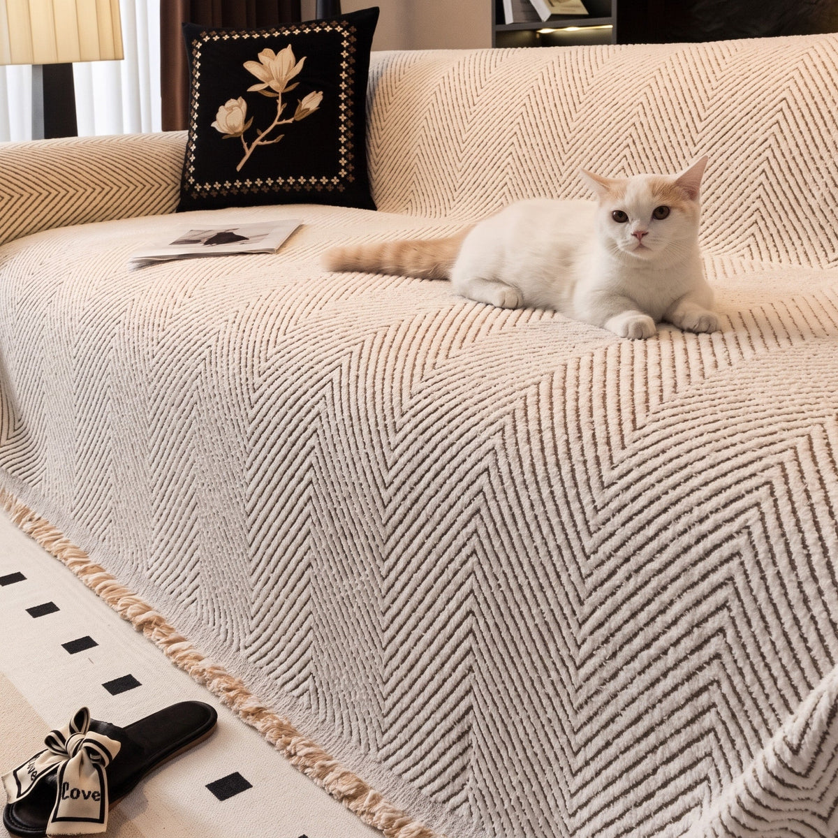 Herringbone Sofa Throw Cover for Living Room Furniture - Black - Oak Soho
