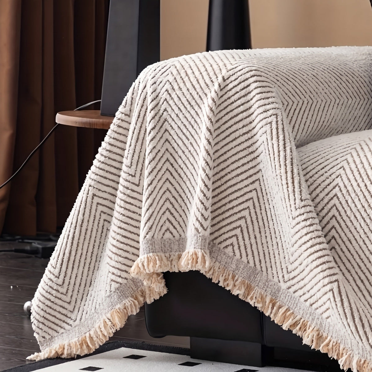 Herringbone Sofa Throw Cover for Living Room Furniture - Ivory - Oak Soho