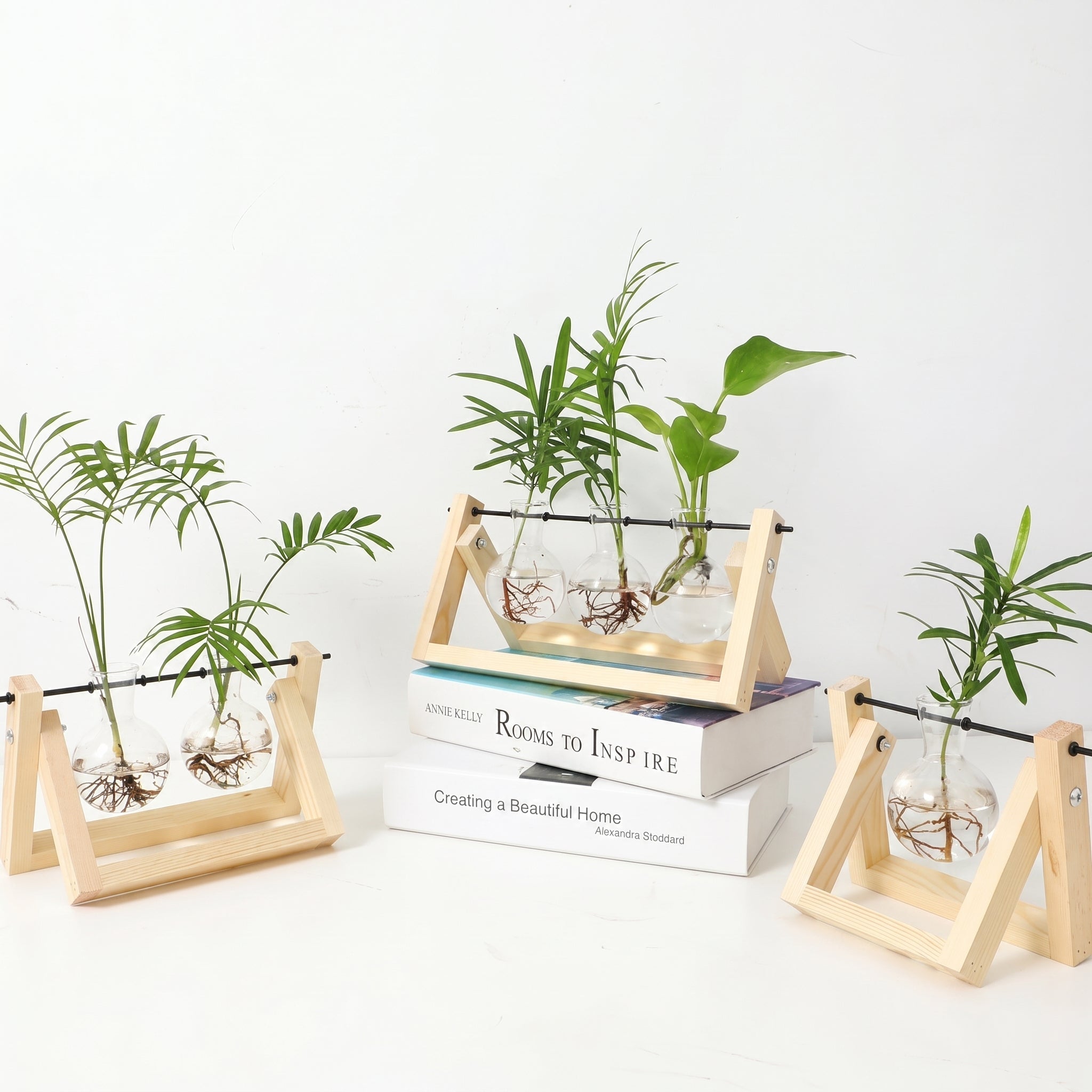 Hydroponic Glass Vase with Wooden Stand for Plants - Vases - Light Brown - Oaksoho
