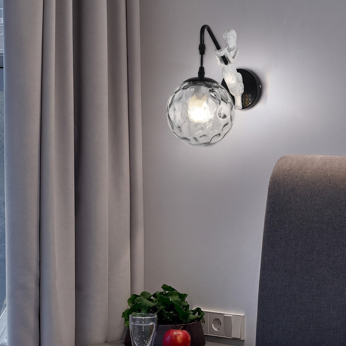 Mermaid Figurine Wall Lamp with Glass Globe Shade - Wall Light Fixtures - Black - Oaksoho