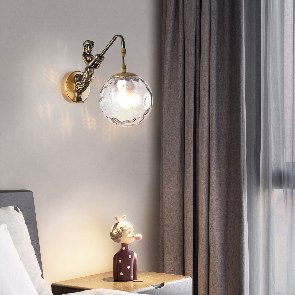 Mermaid Figurine Wall Lamp with Glass Globe Shade - Wall Light Fixtures - Gold - Oaksoho