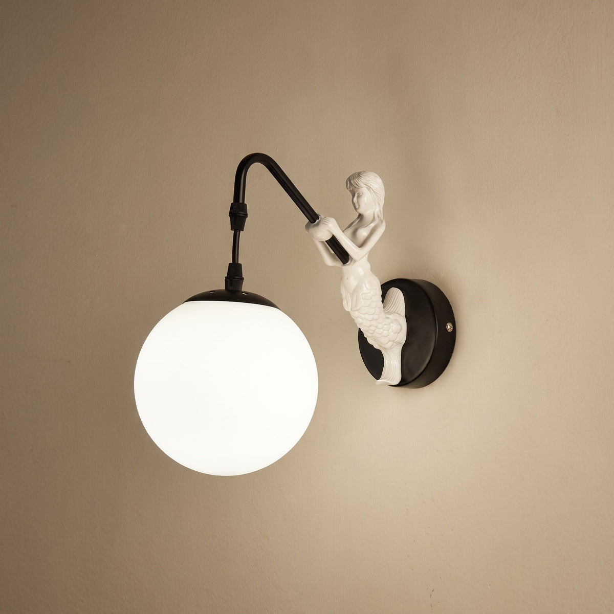 Mermaid Figurine Wall Lamp with Glass Globe Shade - Wall Light Fixtures - Black - Oaksoho