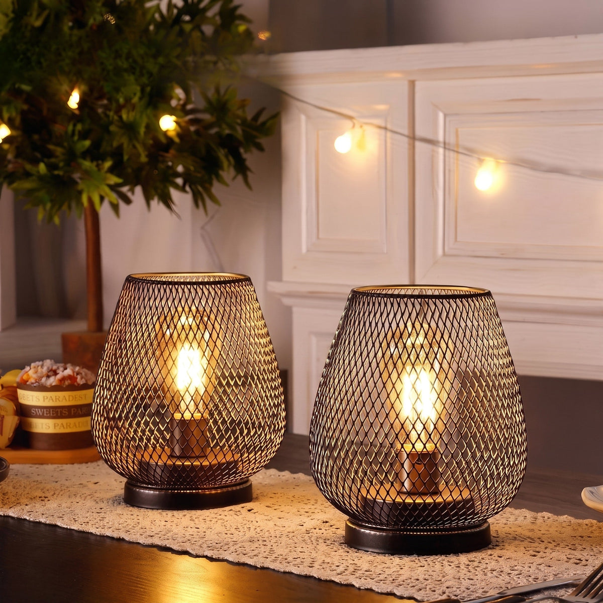 Mesh Cage Battery Table Lamp Vintage Wire Design - Table Lamps - Oaksoho