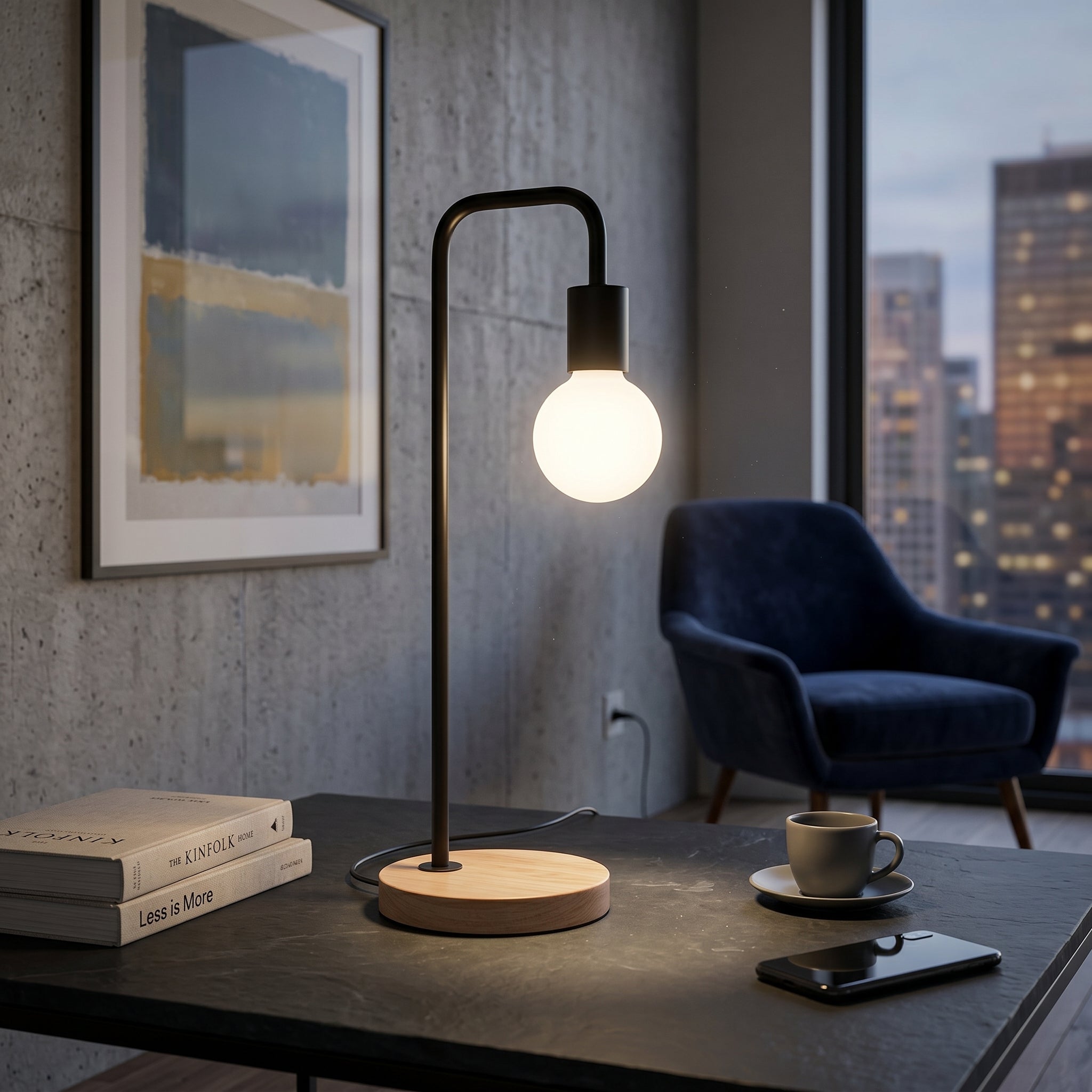 Minimalist Table Lamp with Curved Metal Arm - Table Lamp - Oaksoho