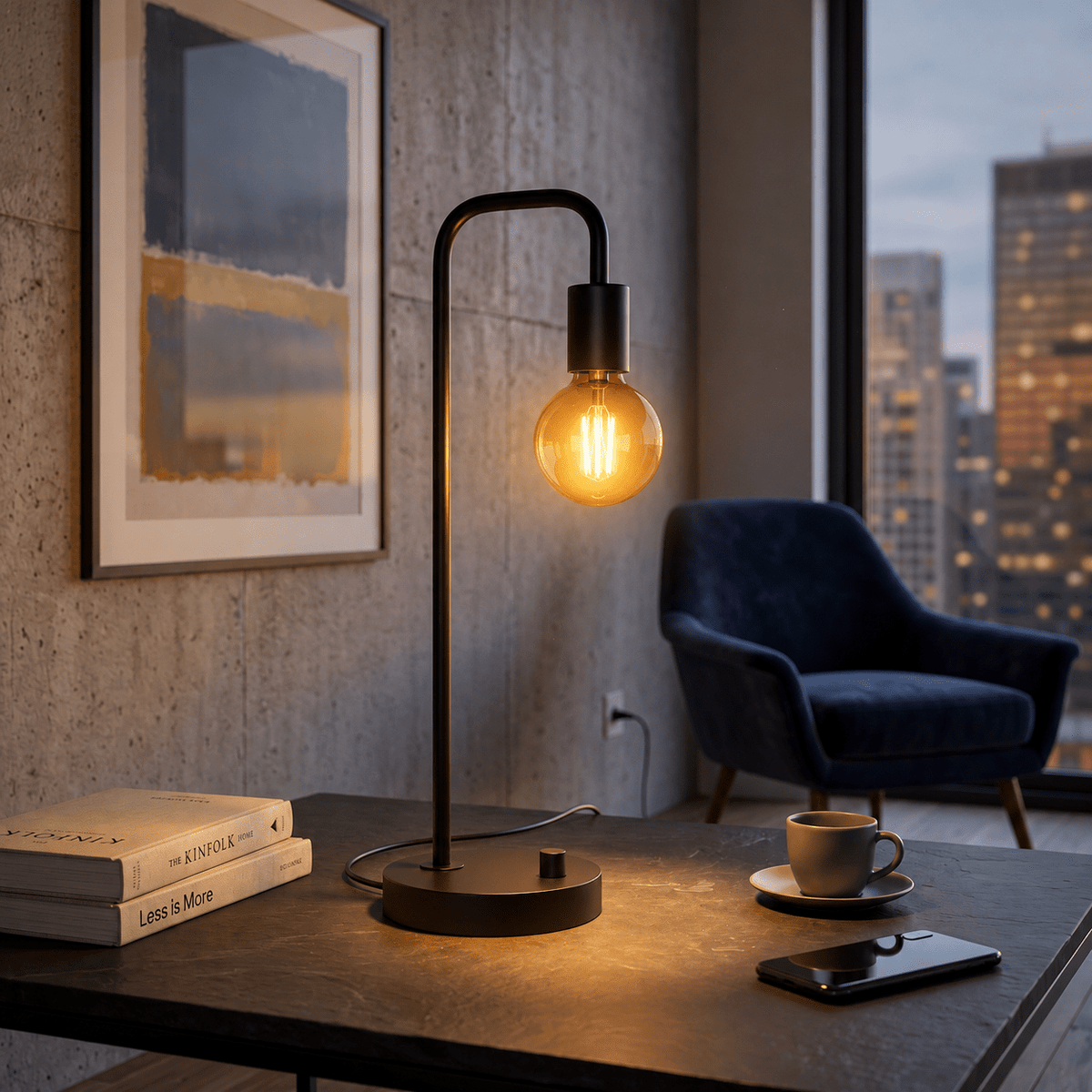 Minimalist Table Lamp with Curved Metal Arm - Table Lamps - Oak Soho