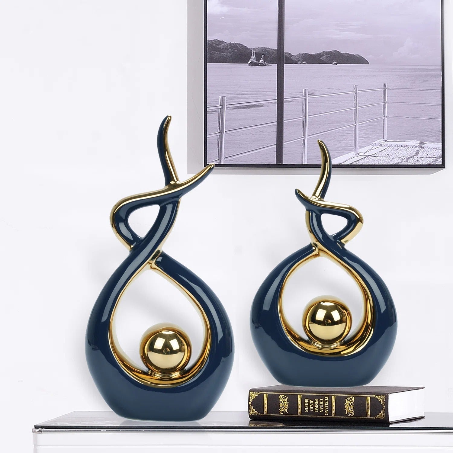 Modern Abstract Decoration with Twisted Design and Gold Accents - Figurines - Blue - Oaksoho