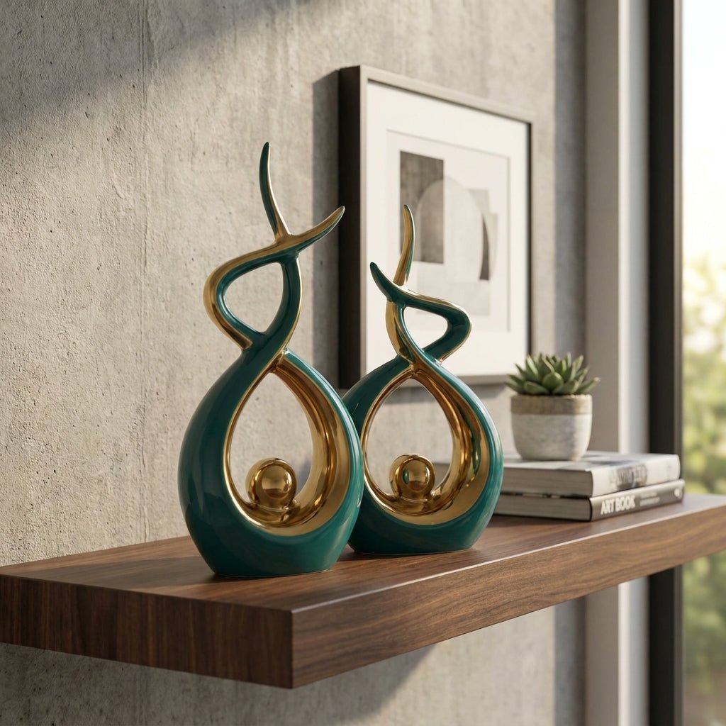 Modern Abstract Decoration with Twisted Design and Gold Accents - Figurines - Green - Oaksoho
