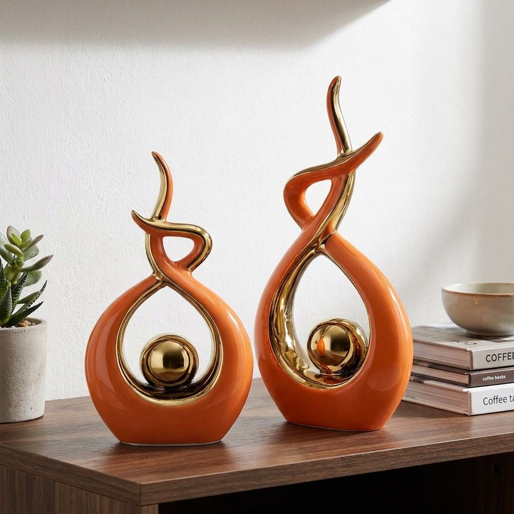 Modern Abstract Decoration with Twisted Design and Gold Accents - Figurines - Orange - Oaksoho