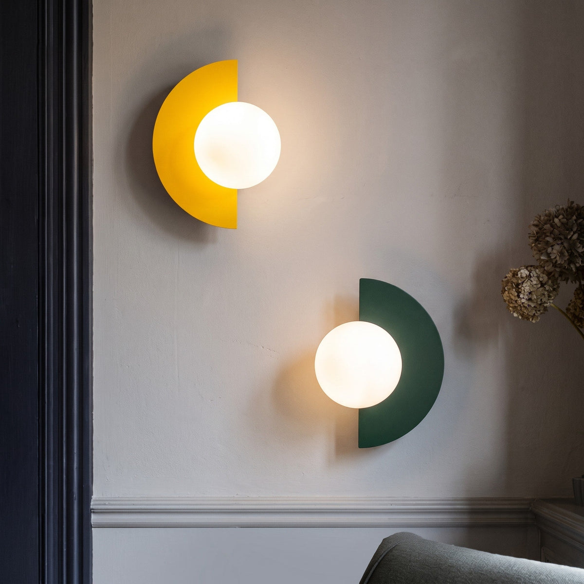 Modern Half Moon Wall Lamp with Sphere Glass Shade - Wall Light Fixtures - White - Oak Soho