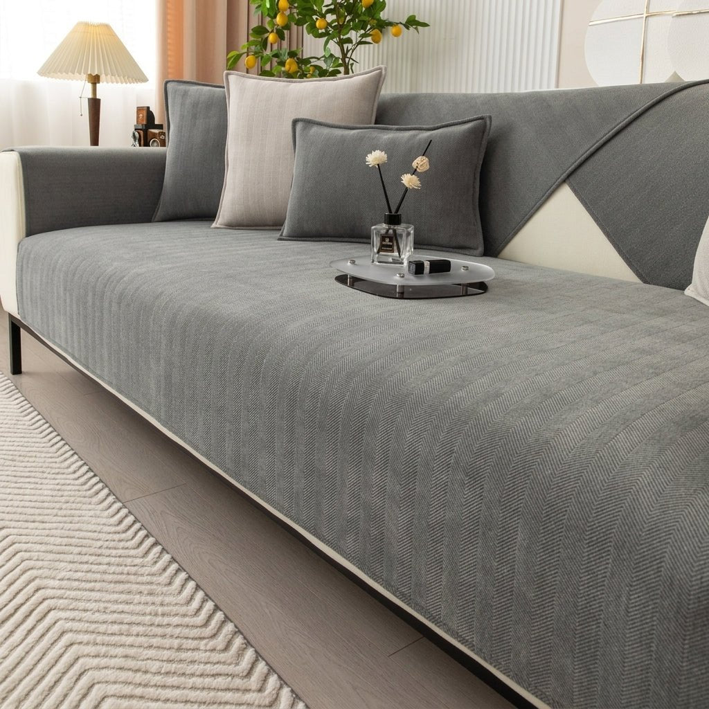 Modern Sofa Cover with Textured Herringbone Fabric - Sofa Cover - Grey - Oaksoho