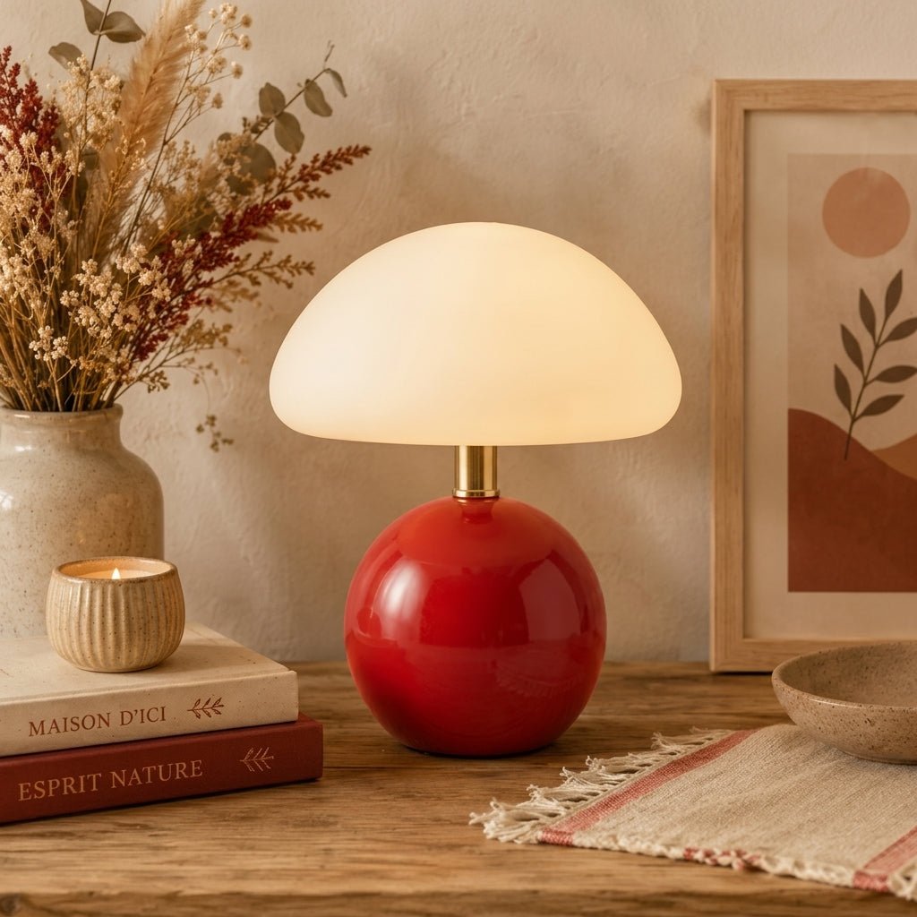 Mushroom Table Lamp with Dome Shade and Round Ball Base - Table Lamp - Red - Oaksoho