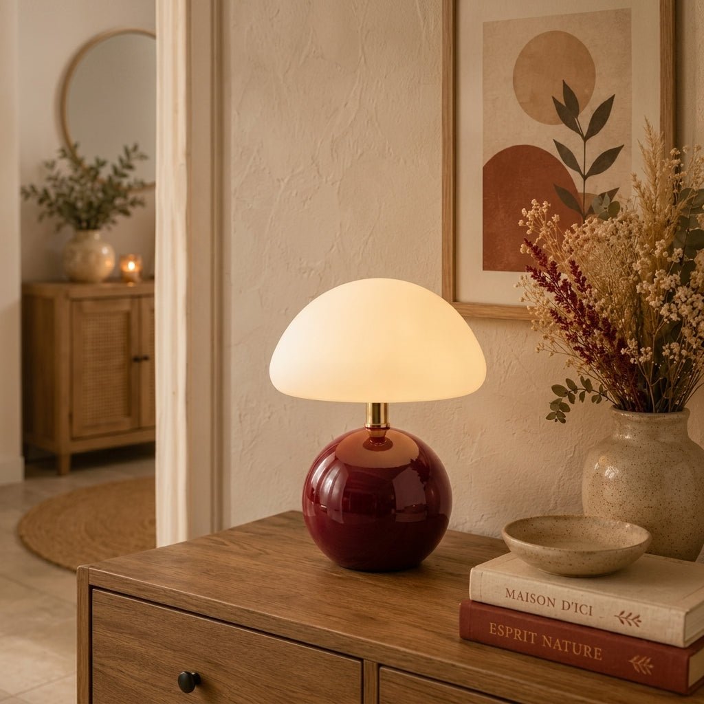 Mushroom Table Lamp with Dome Shade and Round Ball Base - Table Lamp - Burgundy - Oaksoho