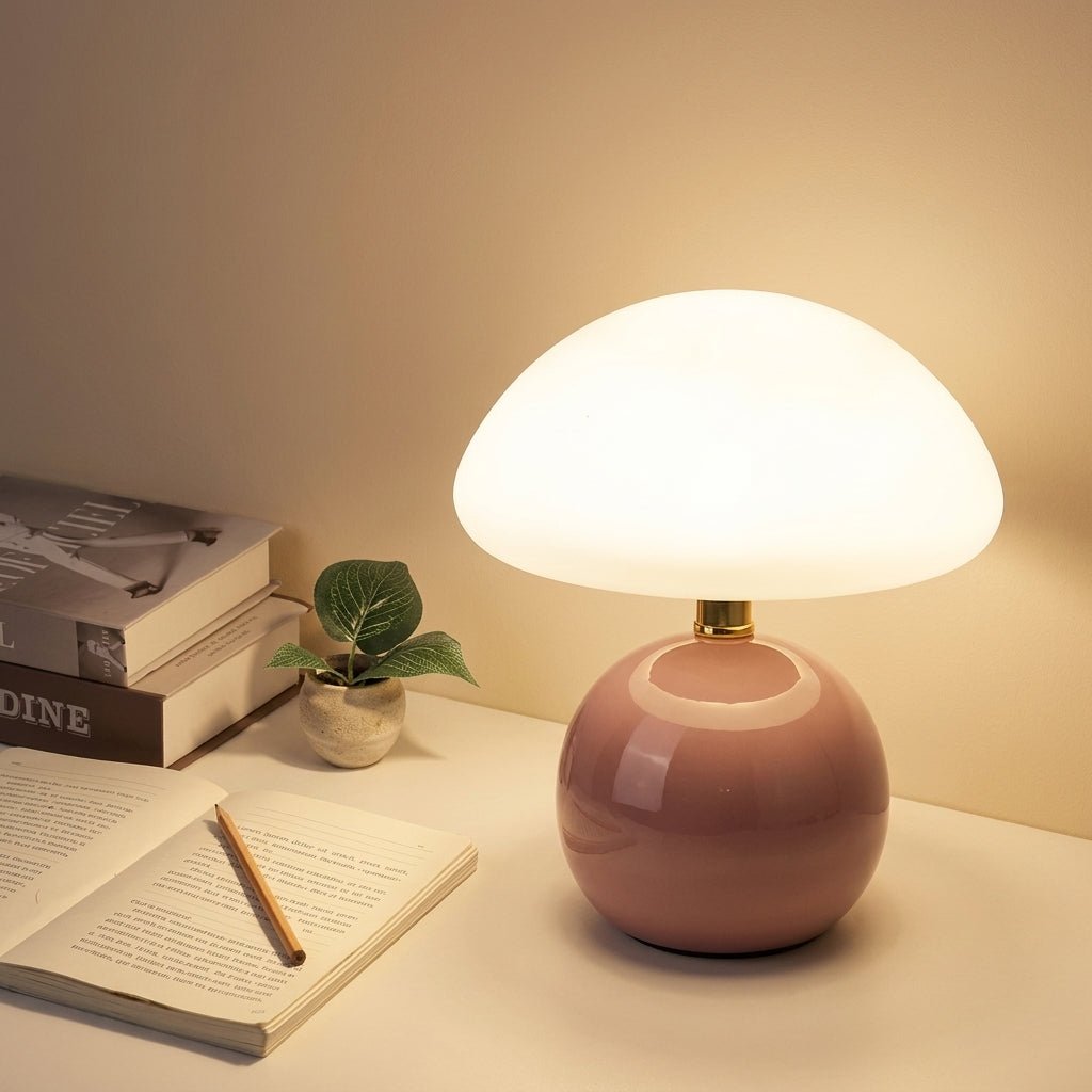 Mushroom Table Lamp with Dome Shade and Round Ball Base - Table Lamp - Pink - Oaksoho