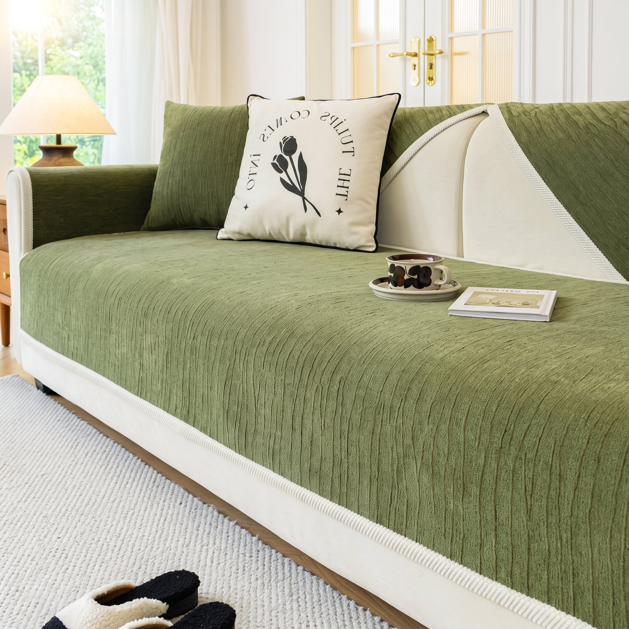 Non-Slip Textured Wave Sofa Cover with Contrast Trim - Sofa Cover - Cream - Oaksoho