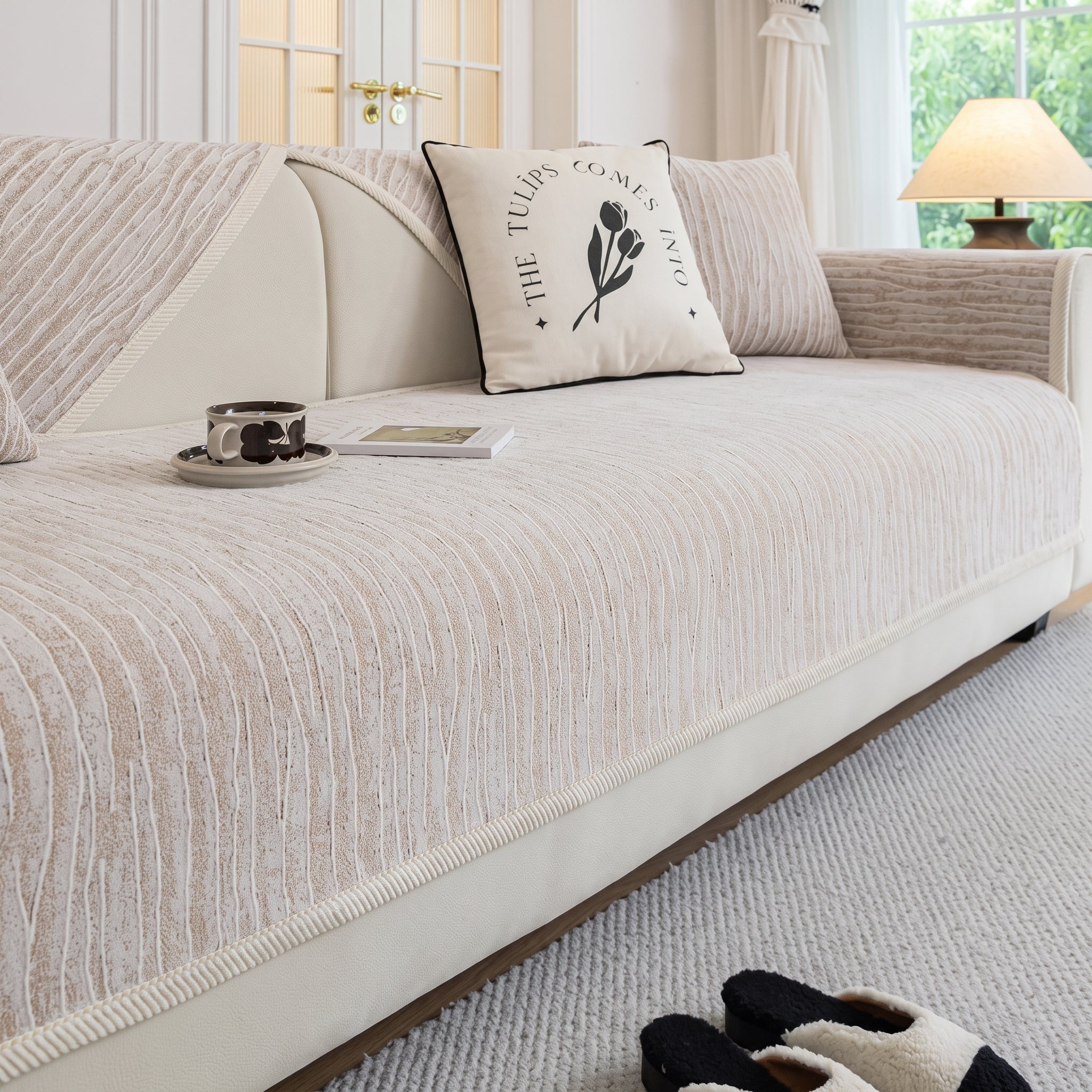 Non-Slip Textured Wave Sofa Cover with Contrast Trim - Sofa Cover - Cream - Oaksoho