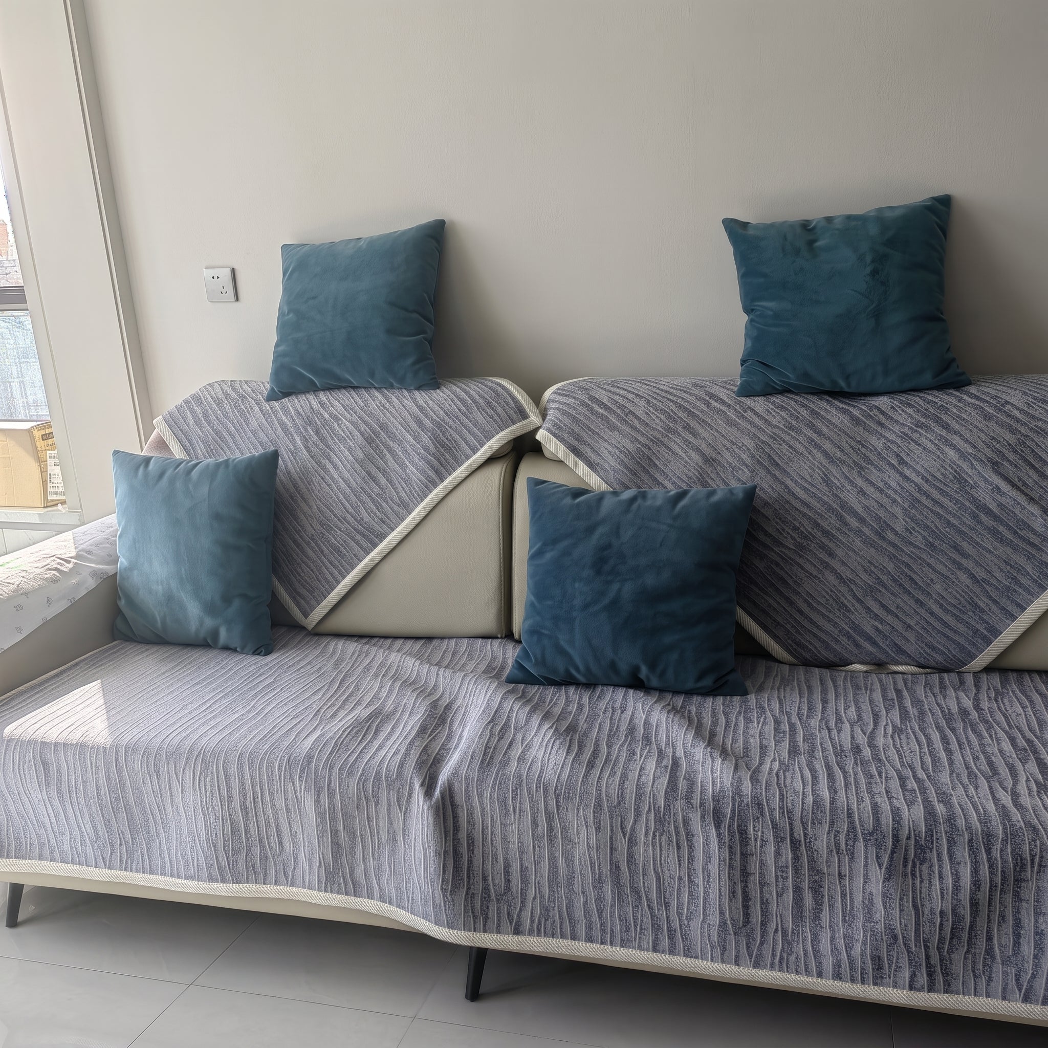 Non-Slip Textured Wave Sofa Cover with Contrast Trim - Sofa Cover - Cream - Oaksoho